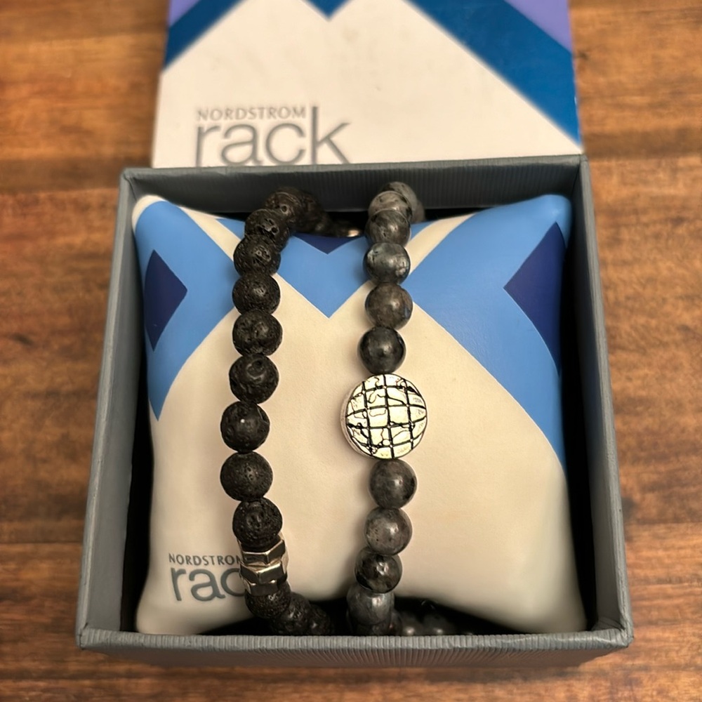 Nordstrom Rack Genuine Stone Men Bracelets Black & Grey Globe, NEW in BOX